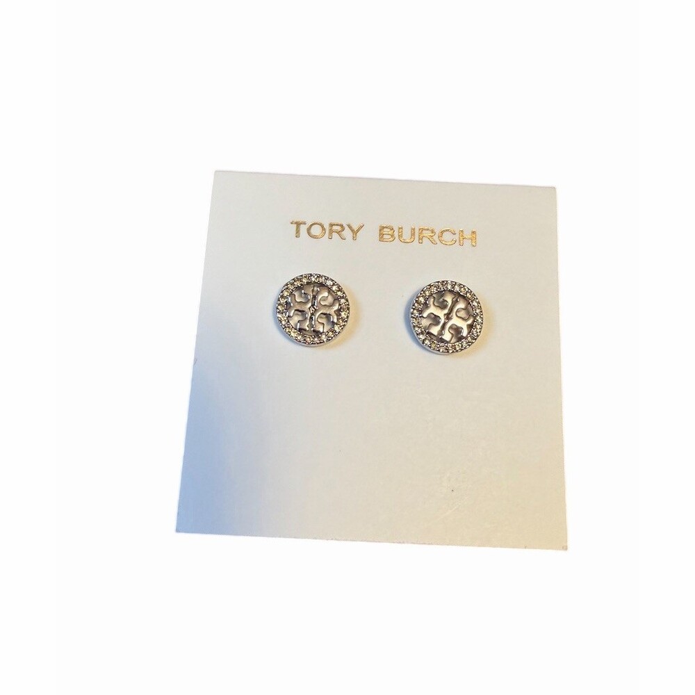 Tory Burch Miller Pavé Logo Circle Stud Earrings Silver Clear Crystal